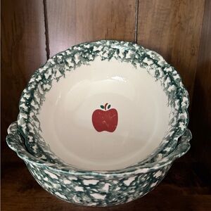 Speckled Green and White Ceramic Bowl with Red Apple Motif